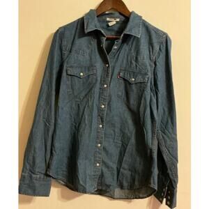 Levi’s Women’s Chambray Pearl Snap Western Cowgirl Blue Pockets Shirt Size L